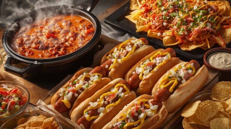 Chili, hot dogs, loaded nachos, chips, and dip.