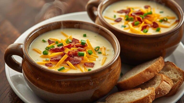 Bowls of steaming potato soup topped with bacon, cheese, and chives with bread slices nearby.