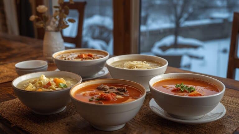 Bowls of creamy, brothy, and tomato soups on a dining table and winter scene out the window in the background.