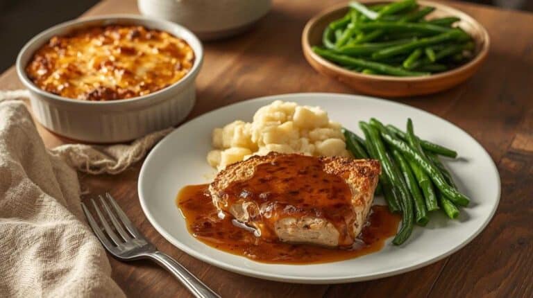 Baked pork chops with gravy, scalloped potatoes, and green beans.