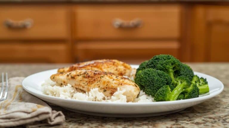 Baked chicken breasts, rice, and broccoli on a plate on a kitchen counter.