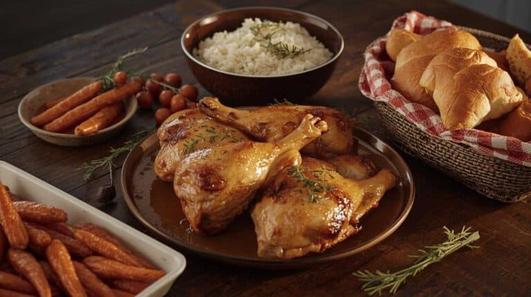 Baked chicken thighs, buttered rice, roasted carrots, and rolls.