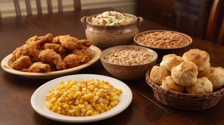 Fried chicken, corn, beans, coleslaw, and biscuits on a casual dining table.