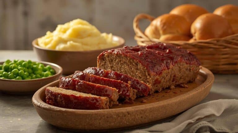 Meatloaf sliced thick on a platter, mashed potatoes, buttered peas, and dinner rolls arranged for passing at the table.