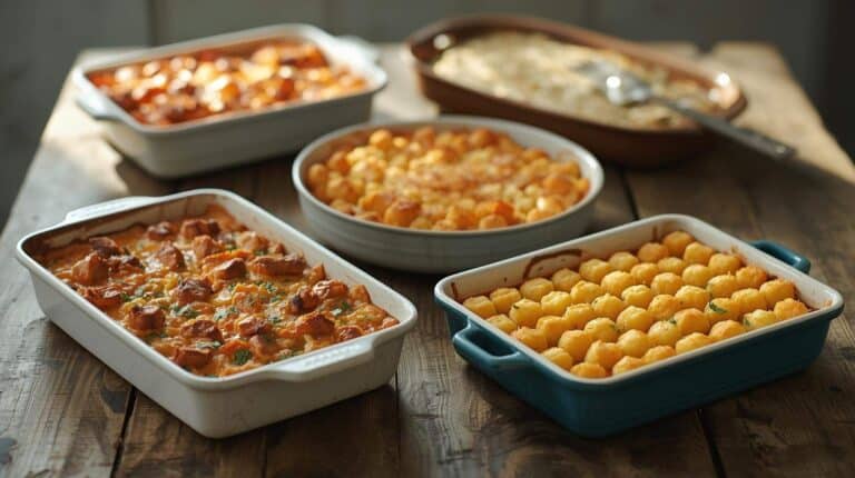 Retro-style casseroles like hamburger casserole, chicken divan, and tater tot casserole in slightly worn baking dishes.