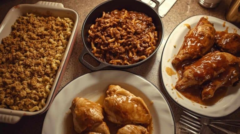Tuna noodle casserole, hamburger helper-style skillet pasta, baked chicken with gravy.