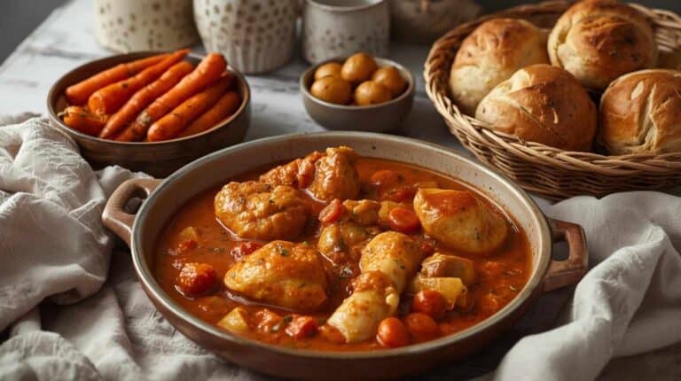 Chicken paprikash, buttered carrots, roasted potatoes, and rolls.