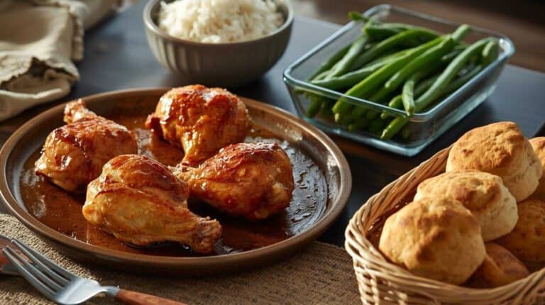 Baked chicken drumsticks, rice, green beans, and biscuits.