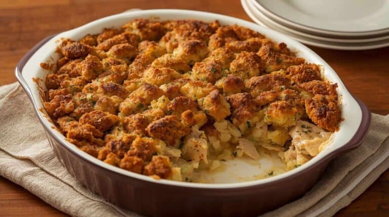 A baked chicken and stuffing casserole in a ceramic dish. Plates nearby.