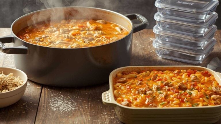A large pot of soup, baked pasta, and storage containers.