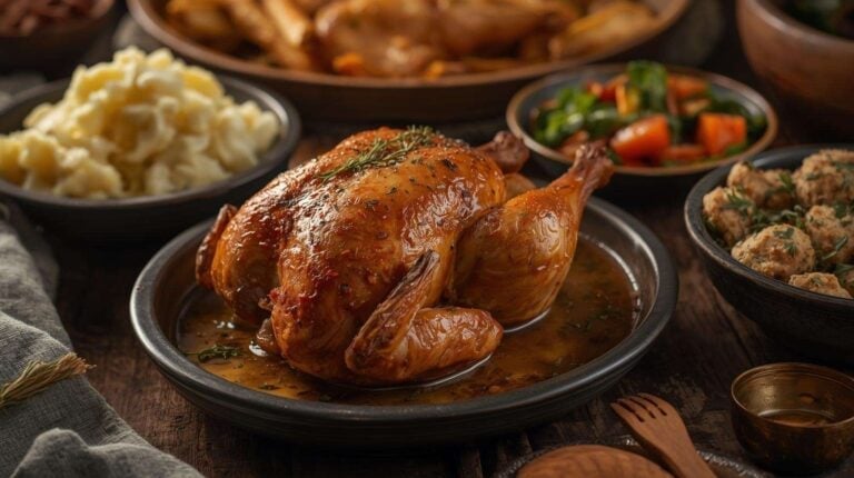 A comforting meal scene with baked chicken, mashed potatoes, and buttered vegetables.