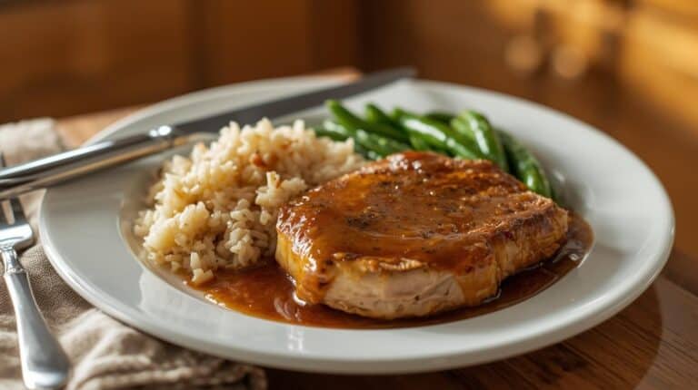 Baked pork chop with gravy, rice pilaf, and green beans on a plate.