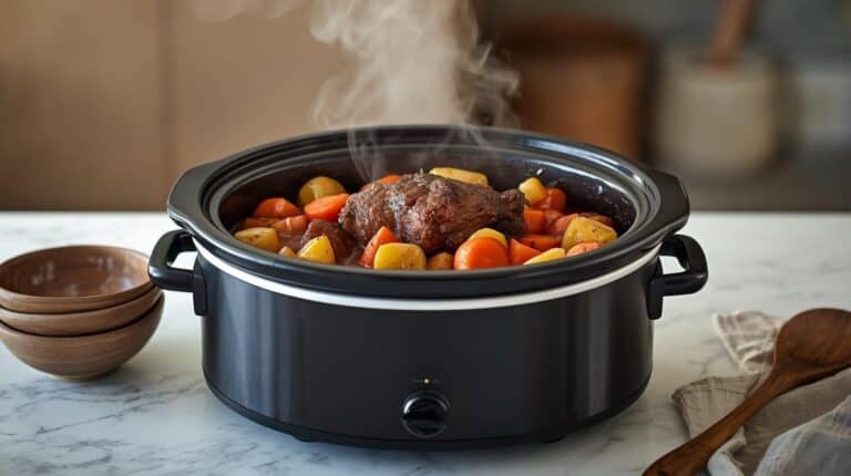 A slow cooker on a kitchen counter filled with pot roast, potatoes, carrots, and onions in rich gravy.