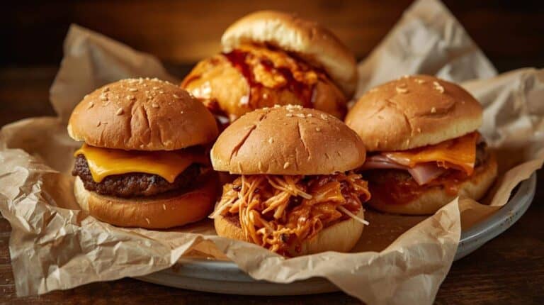 A plate of sliders with beef, chicken, and ham and cheese on soft buns.
