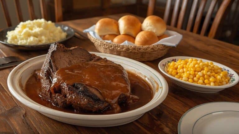 Beef roast with gravy, mashed potatoes, buttered corn kernels, and dinner rolls.