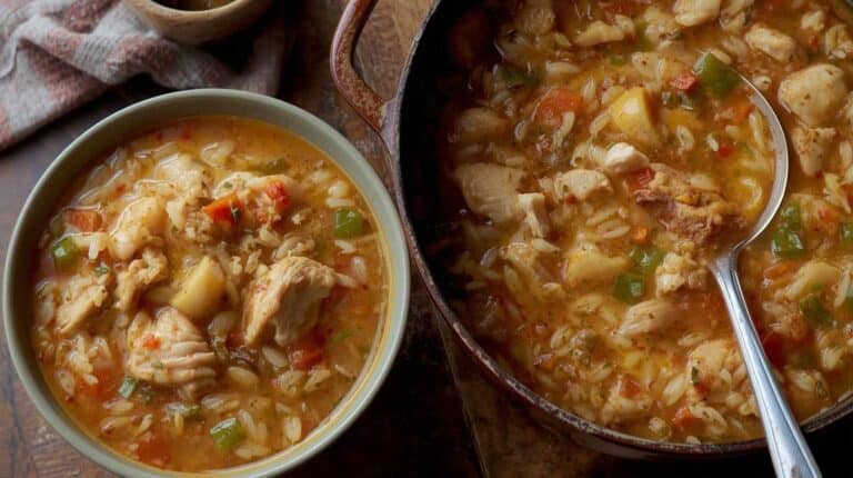 Chicken and rice soup in a bowl next to the soup in a pot.