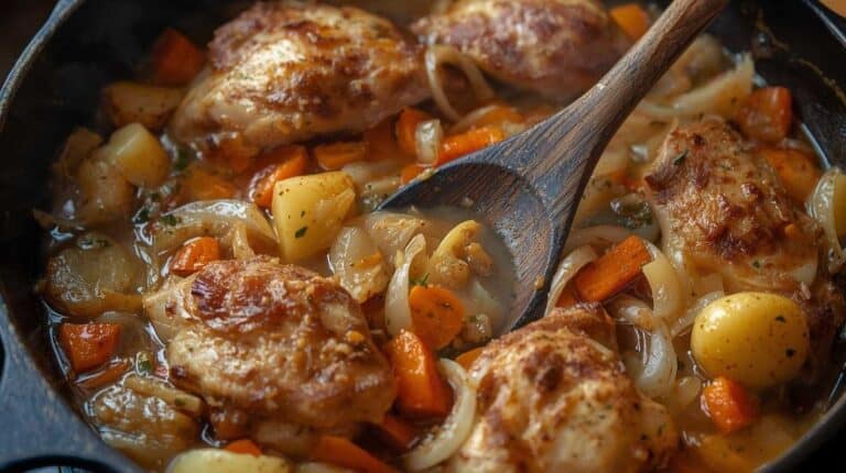 A deep skillet filled with chicken thighs simmered with onions, garlic, carrots, and potatoes in a light sauce.