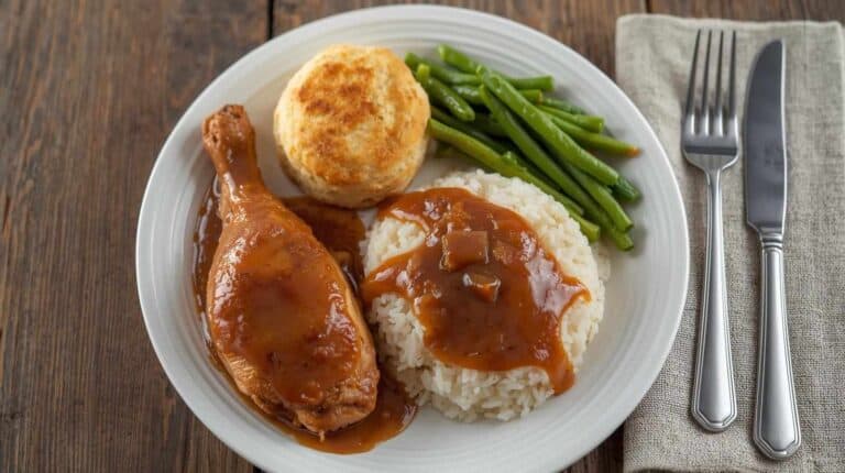 A plate with baked chicken leg, rice, gravy, green beans, and a biscuit.