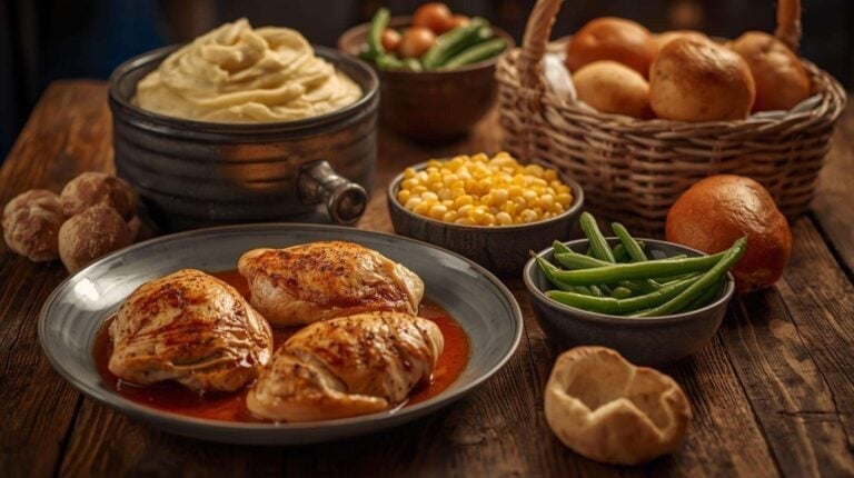 Roasted chicken breasts, green beans, buttered corn, mashed potatoes, and rolls on a rustic table.
