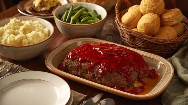 Classic meatloaf with ketchup glaze, mashed potatoes, green beans, and biscuits on a casual dinner table.