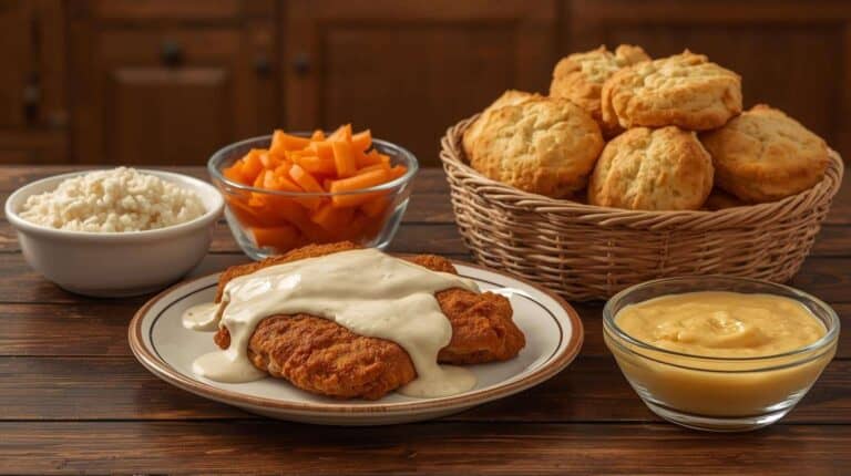 Fried pork chop with white gravy, rice, glazed carrots, applesauce, and biscuit.