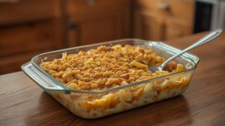 A chicken noodle casserole with wide egg noodles, creamy sauce, and a golden breadcrumb topping baked in a vintage glass baking dish.