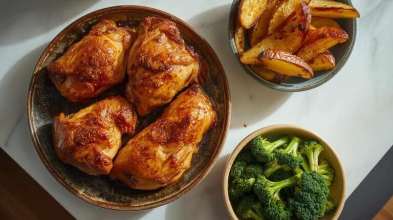 Baked chicken thighs with crispy skin, roasted potato wedges, and broccoli florets.