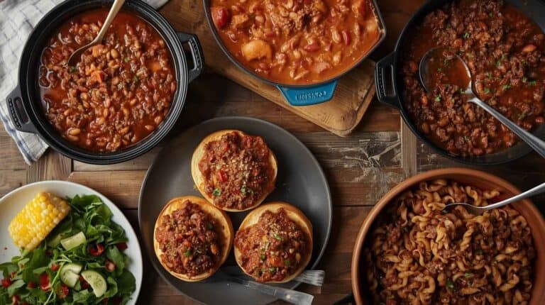 A family-style table with ground beef meals: chili with beans, sloppy joes on buns, and a beef and noodle skillet.