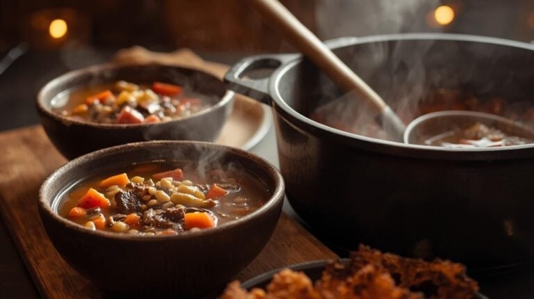 Bowls of beef and vegetable soup next to the pot.