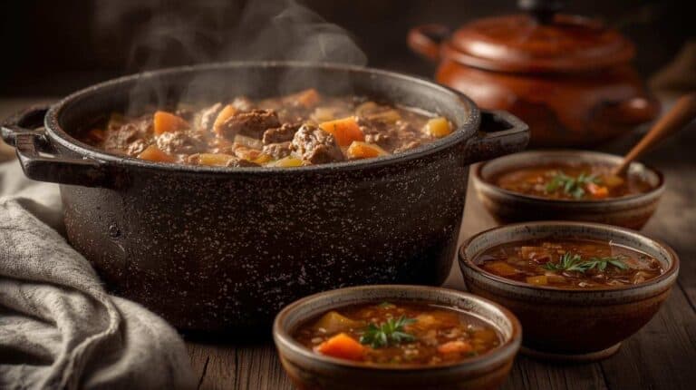 Beef barley vegetable soup in a large pot and in bowls beside it.