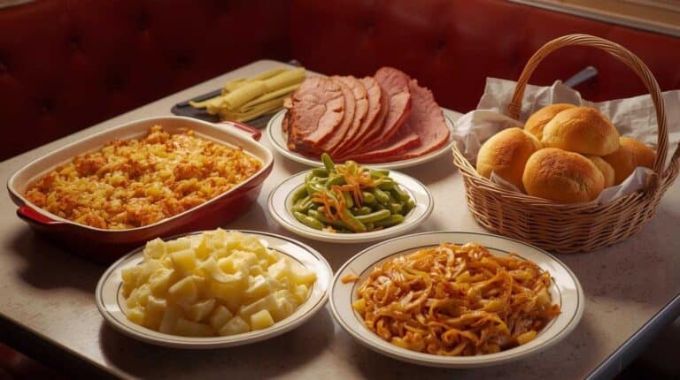 A retro table filled with chicken and rice casserole, baked ham slices, funeral potatoes, green bean casserole, and buttered rolls
