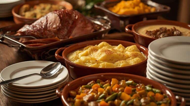 A potluck table featuring baked ham, chicken casseroles, scalloped potatoes, and green bean casserole.