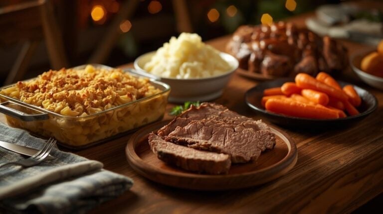 Roast beef, cheesy casserole, mashed potatoes, and buttered carrots on a dinner table.