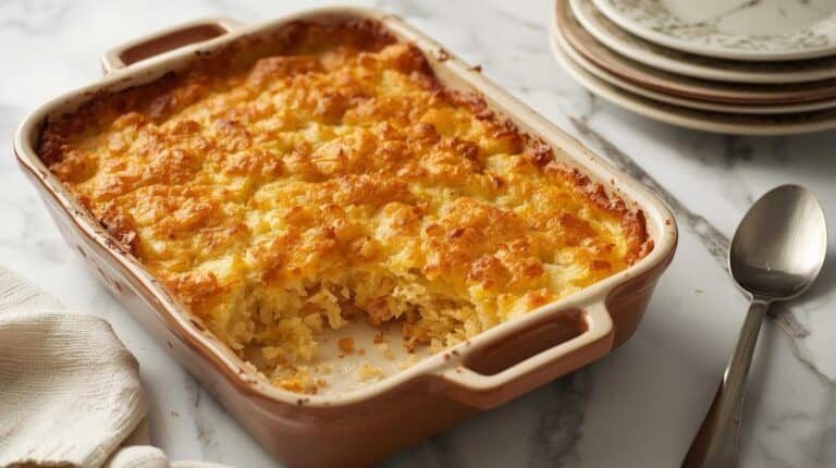 A hash brown casserole with a creamy interior and crisp, golden top baked in a ceramic dish.