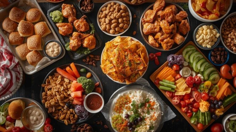 A casual snack table with sliders, wings, loaded nachos, chips, dips, nuts, fruits, and veggies..