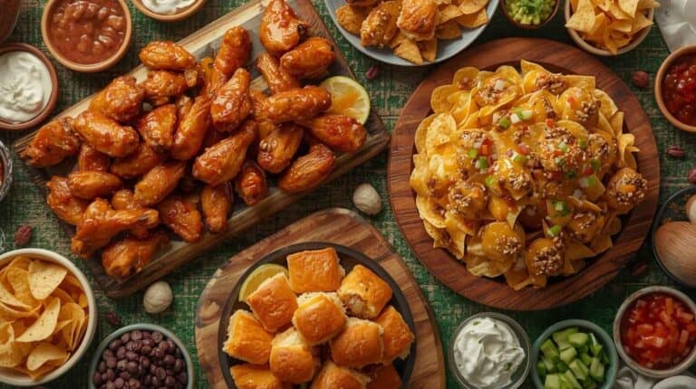 Wings, loaded nachos, sliders, dips, chips, and toppings.