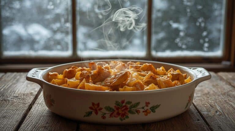 Chicken pasta casserole on a wood table and a window in the background showing snow outside.