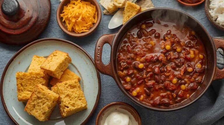 Chili with beans in a large pot, cornbread squares on a plate, rice in a serving bowl, and shredded cheese and sour cream nearby.