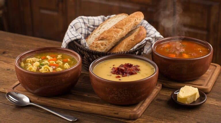 Bowls of chicken noodle, creamy potato, and vegetable beef soup served with crusty bread and butter.