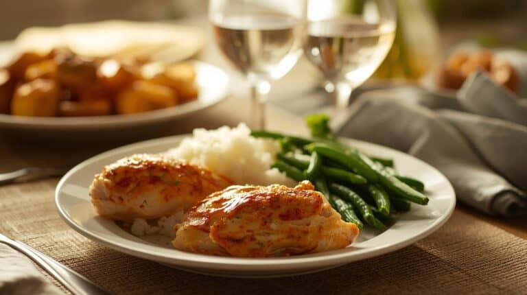 A simple dinner of baked chicken thighs, rice, and green beans.