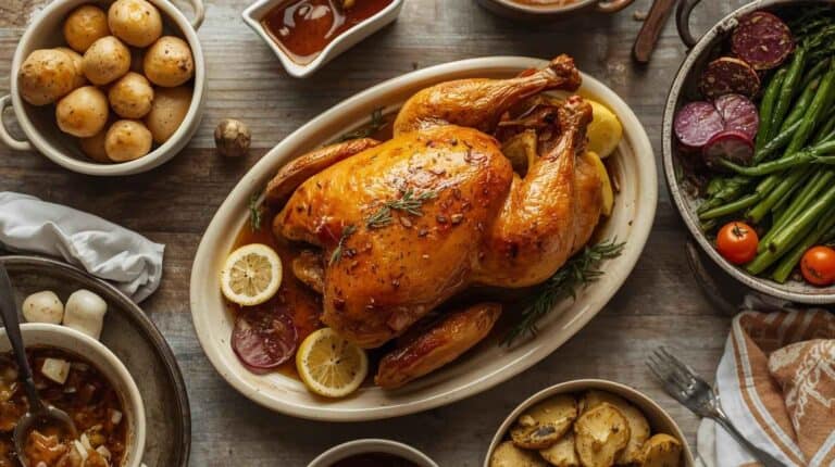 A traditional dinner of roast chicken, gravy, potatoes, and vegetables.