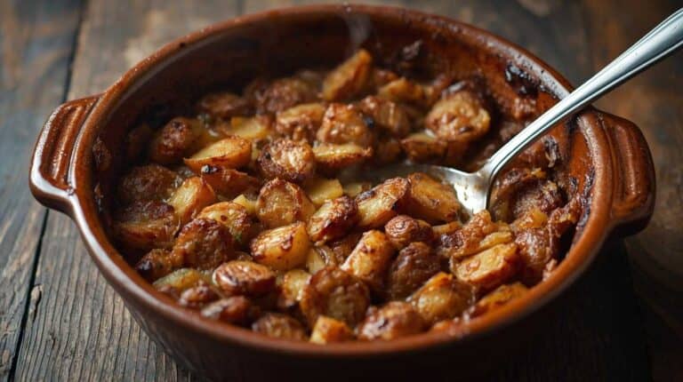 A sausage, potato, and onion bake cooked together in a deep ceramic baking dish.