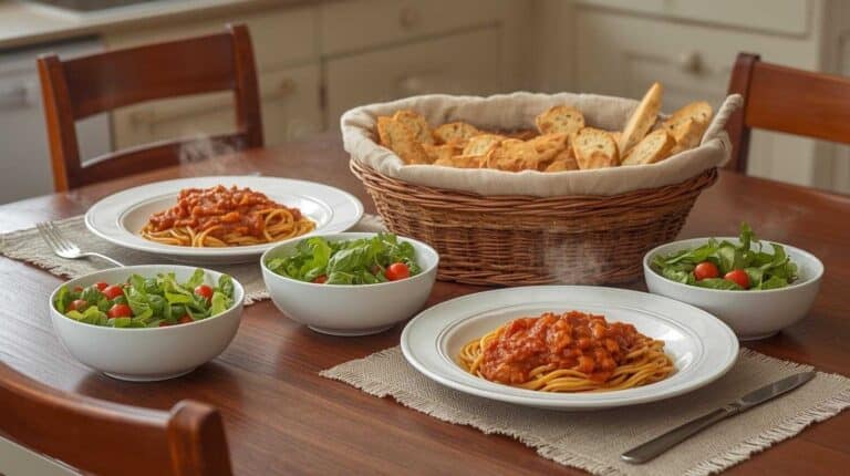Plates of spaghetti with meat sauce, bowls of salad, and a basket of sliced bread.