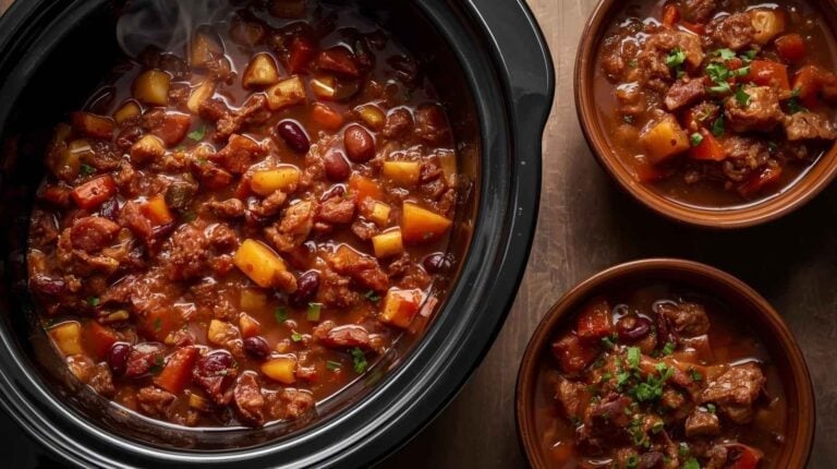 A slow cooker filled with thick soup showing layers of vegetables, beans, and meat. Nearby bowls hold ladled soup garnished with herbs.