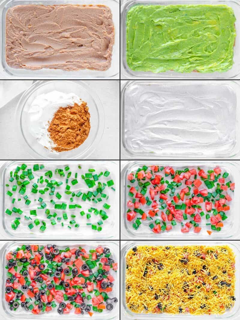 An 8-panel collage showing the steps to make 7-layer dip, from spreading the bean base to layering guacamole and toppings.