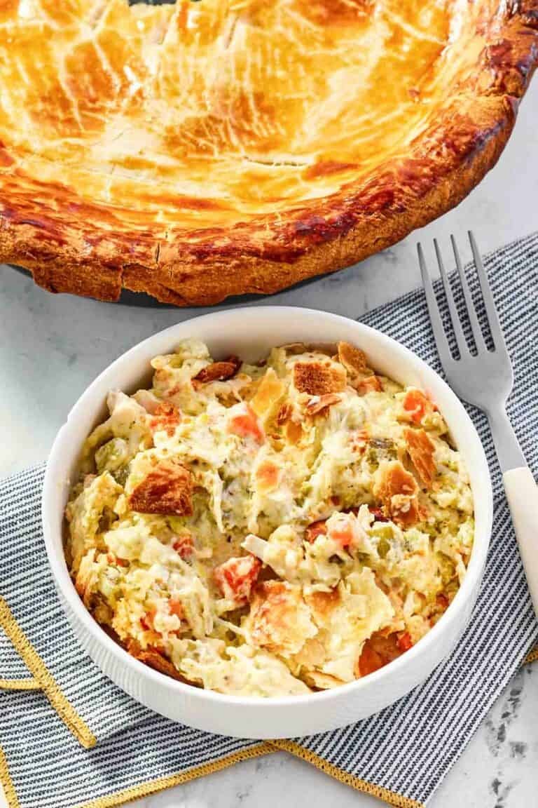 Disney chicken pot pie baked and served in a bowl.