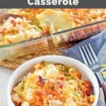 Baked cheesy scalloped potatoes casserole with ham served in a bowl.