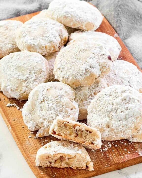 Copycat David's cookies butter pecan meltaways on a platter.