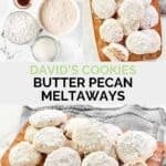 Copycat David's cookies butter pecan meltaways ingredients and the cookies on a platter.