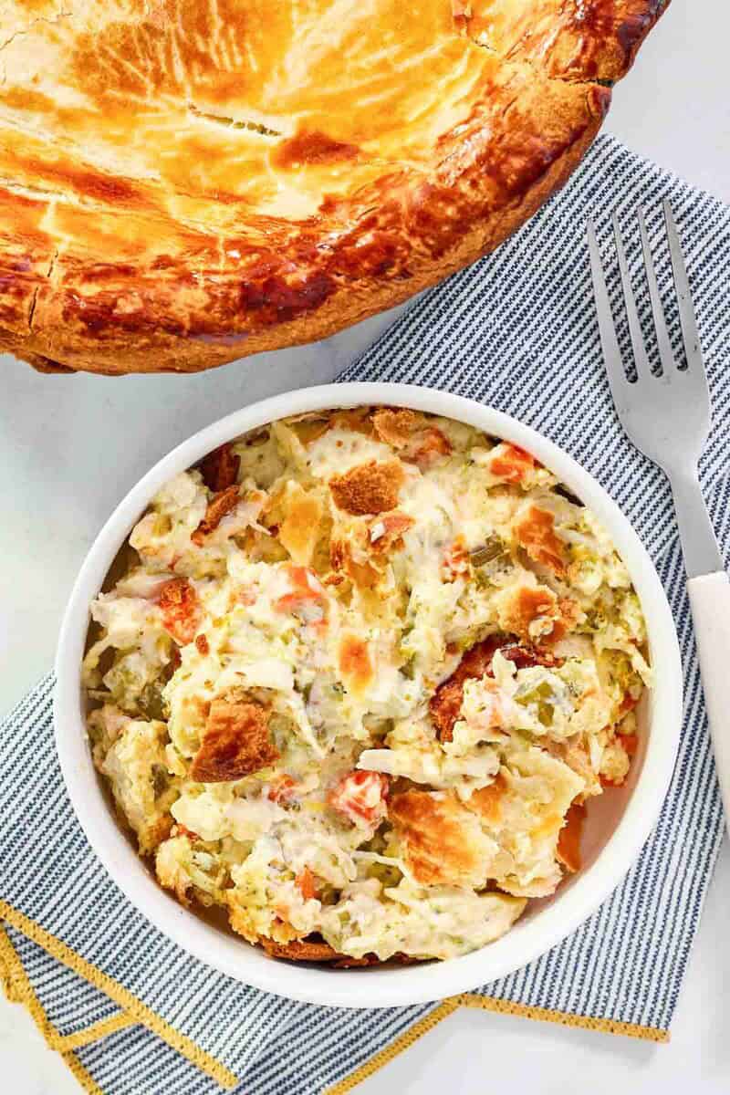 Creamy pot pie with chicken, vegetables, and buttery crust.